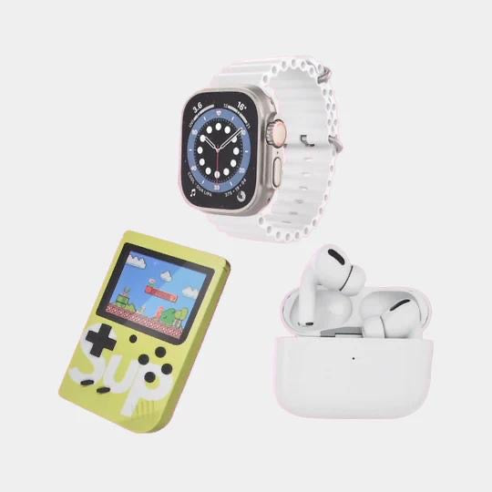 K5 Combo Pack – Smartwatch Ultra, Wireless Earbuds & Retro Gaming Console