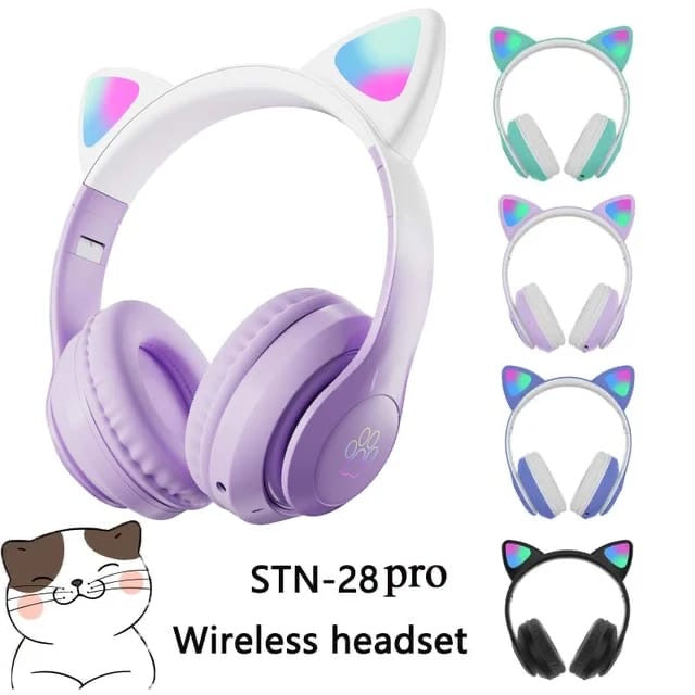 STN-28 Pro Wireless Headphones with RGB Cat Ears - Stylish & Fun Bluetooth Headset